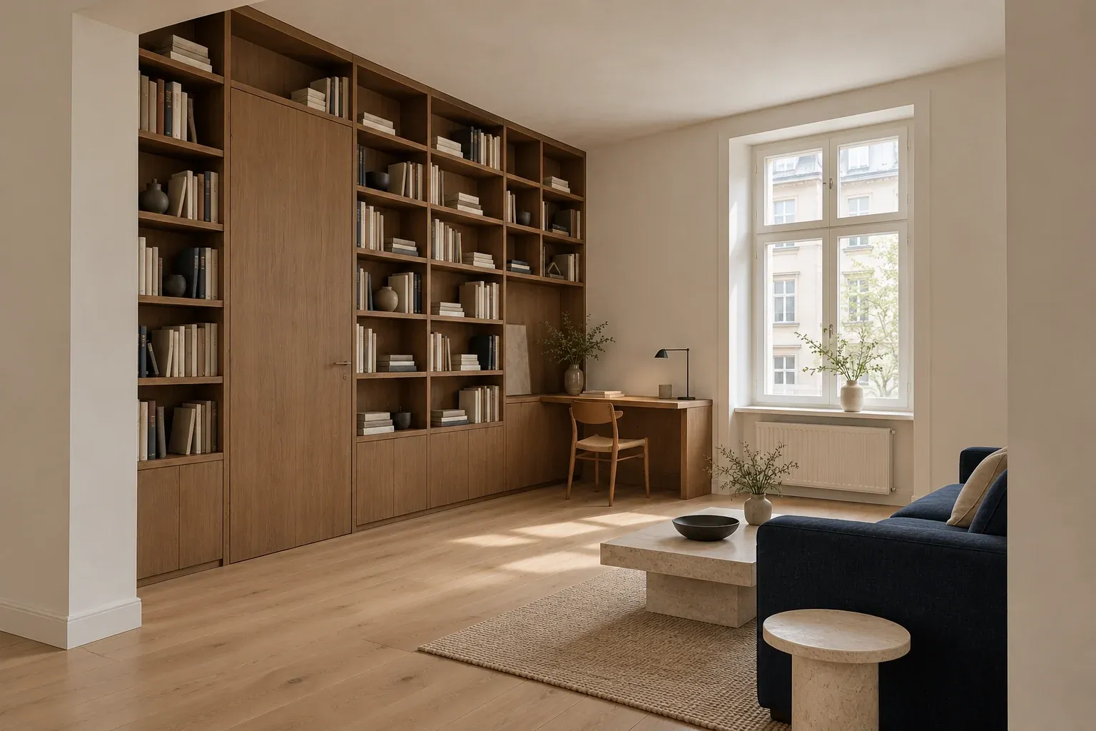 The integrated storage wall seen from the living area, with a writing place beside the window.