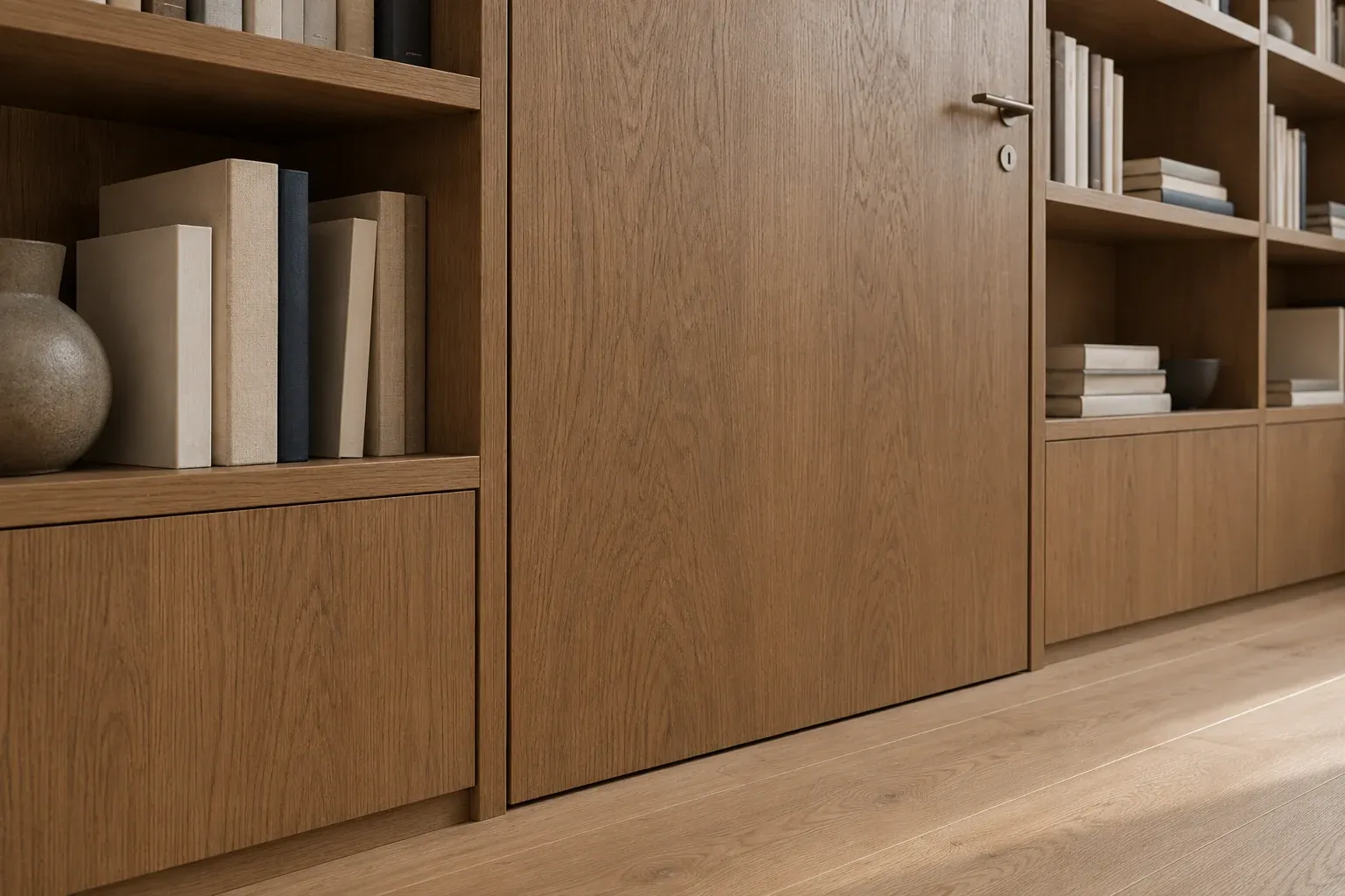 Smoked oak shelving and closed storage meeting at a simple joinery detail.
