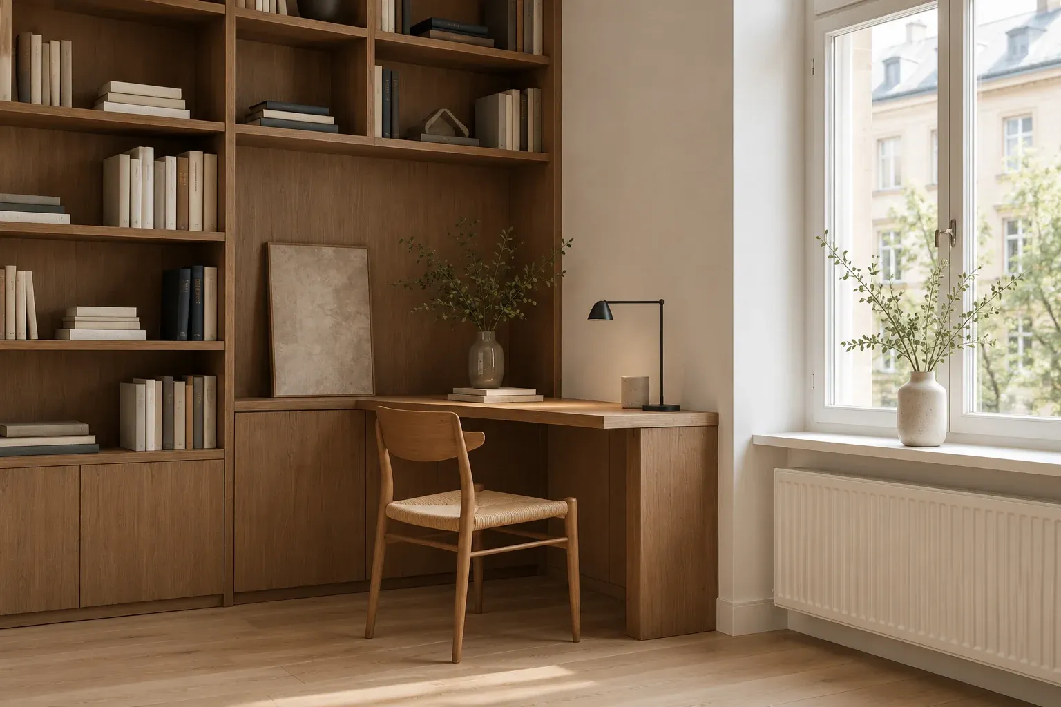A compact writing place integrated into the apartment storage wall.