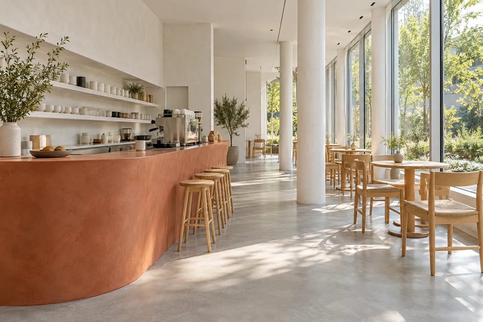 A sculptural terracotta counter, pale timber seating and a clear guest route in a light-filled café.
