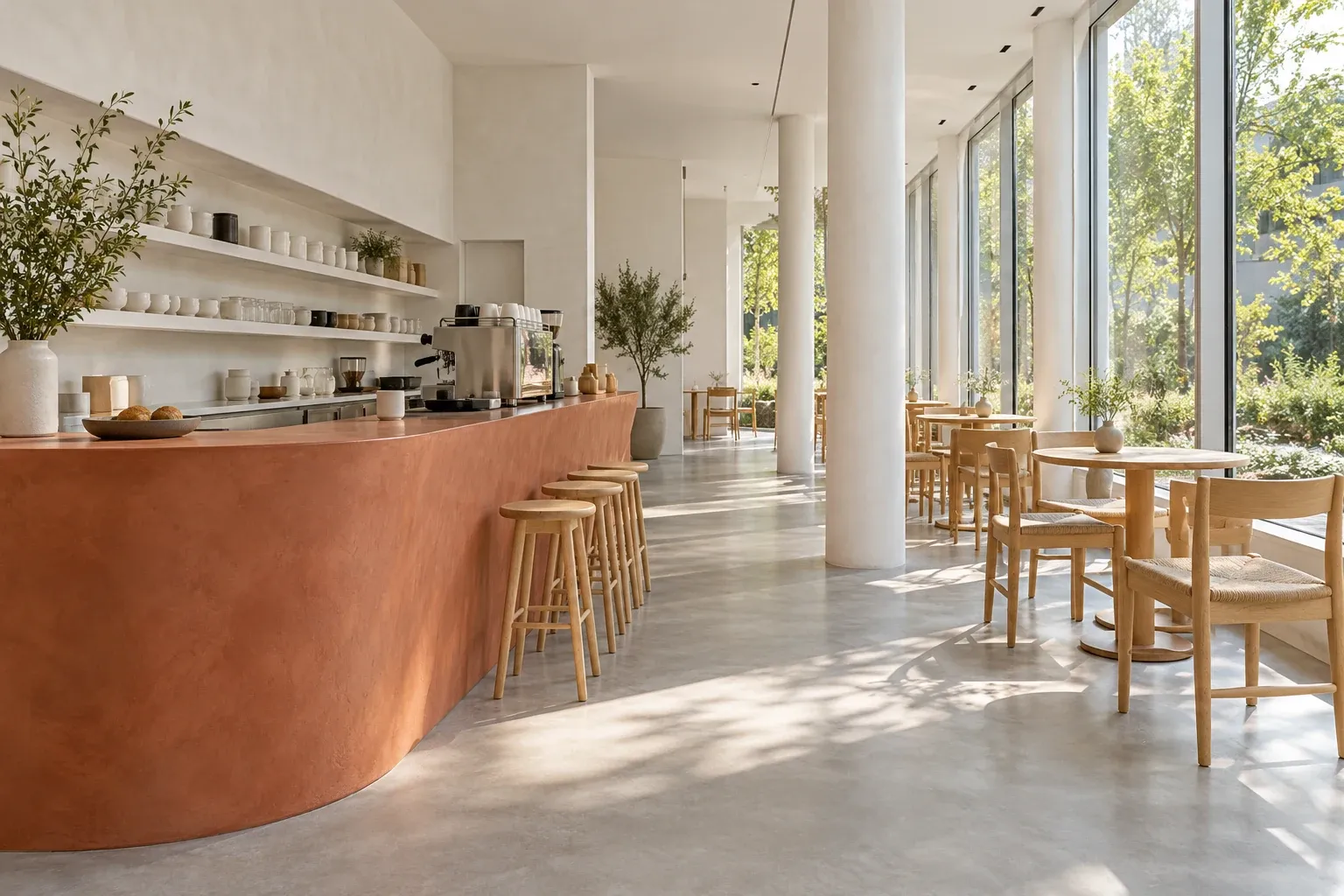 A sculptural terracotta counter, pale timber seating and a clear guest route in a light-filled café.