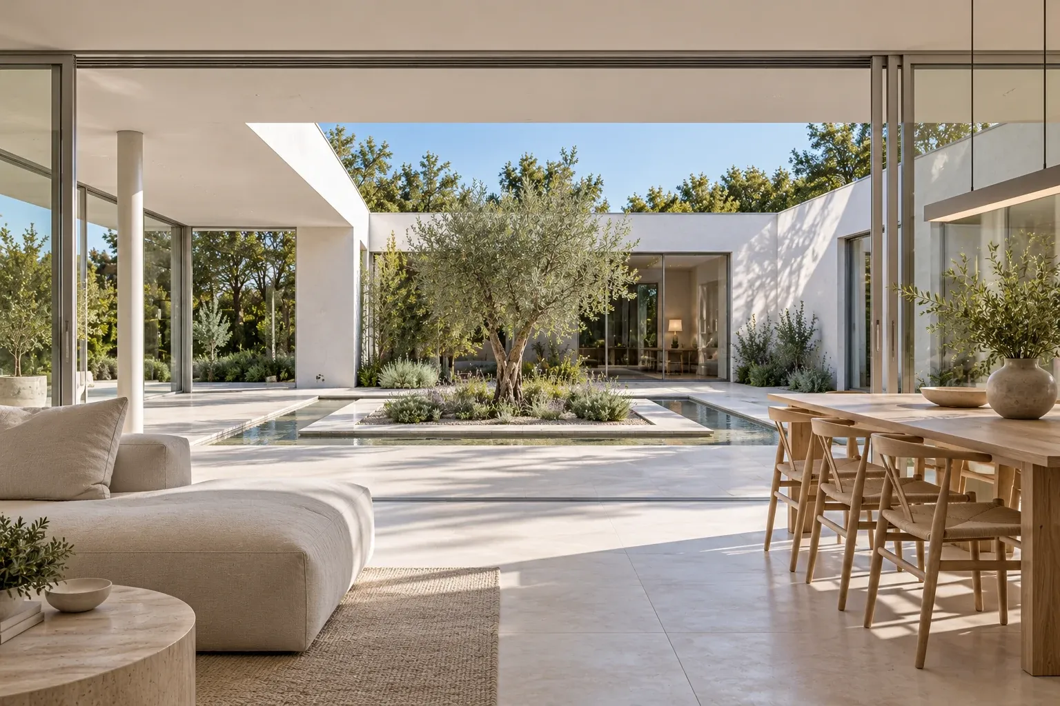 The living and dining room opens to the courtyard through slender aluminium-framed glazing.