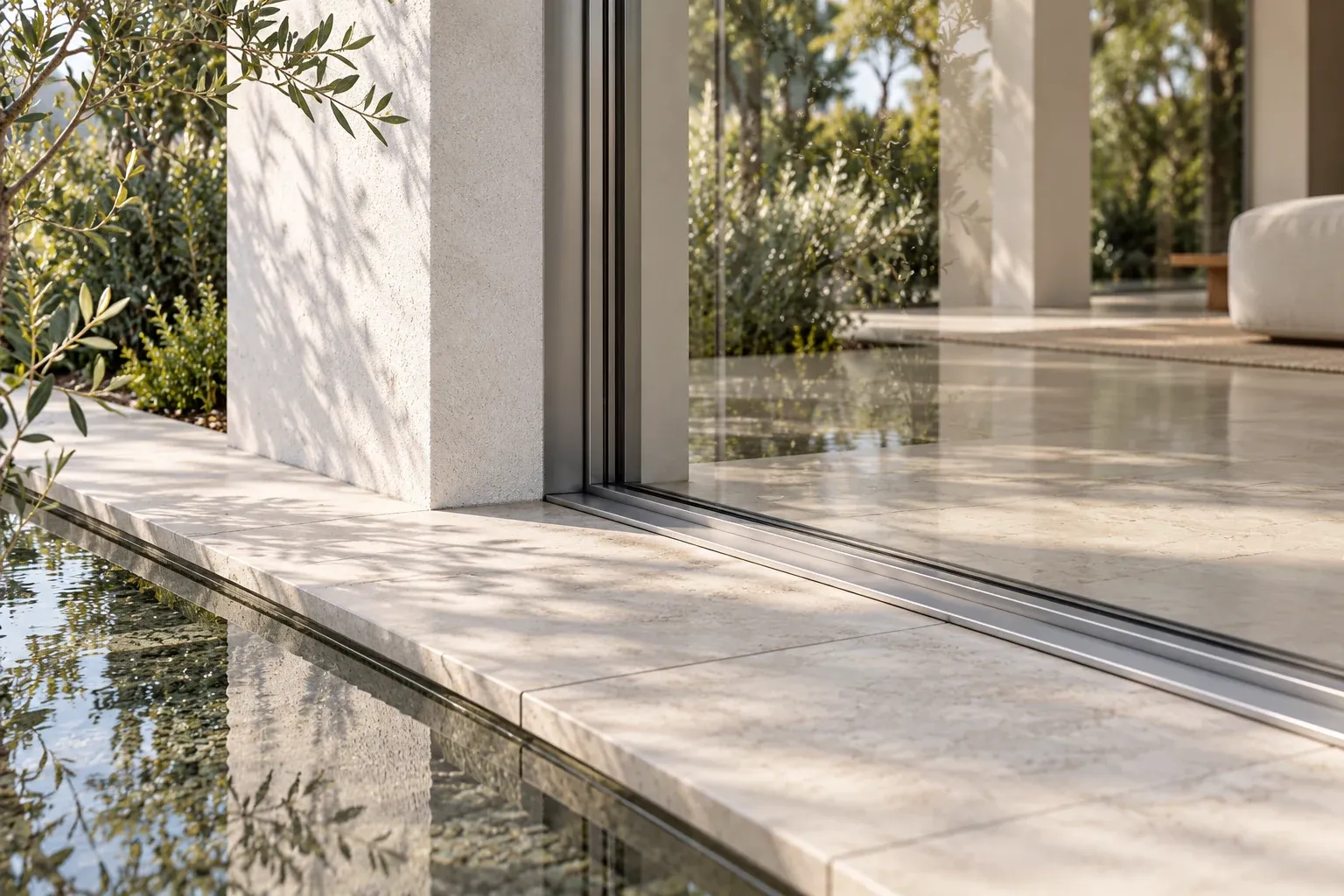 Pale limestone, white plaster and a silver aluminium threshold meet beside the courtyard water rill.
