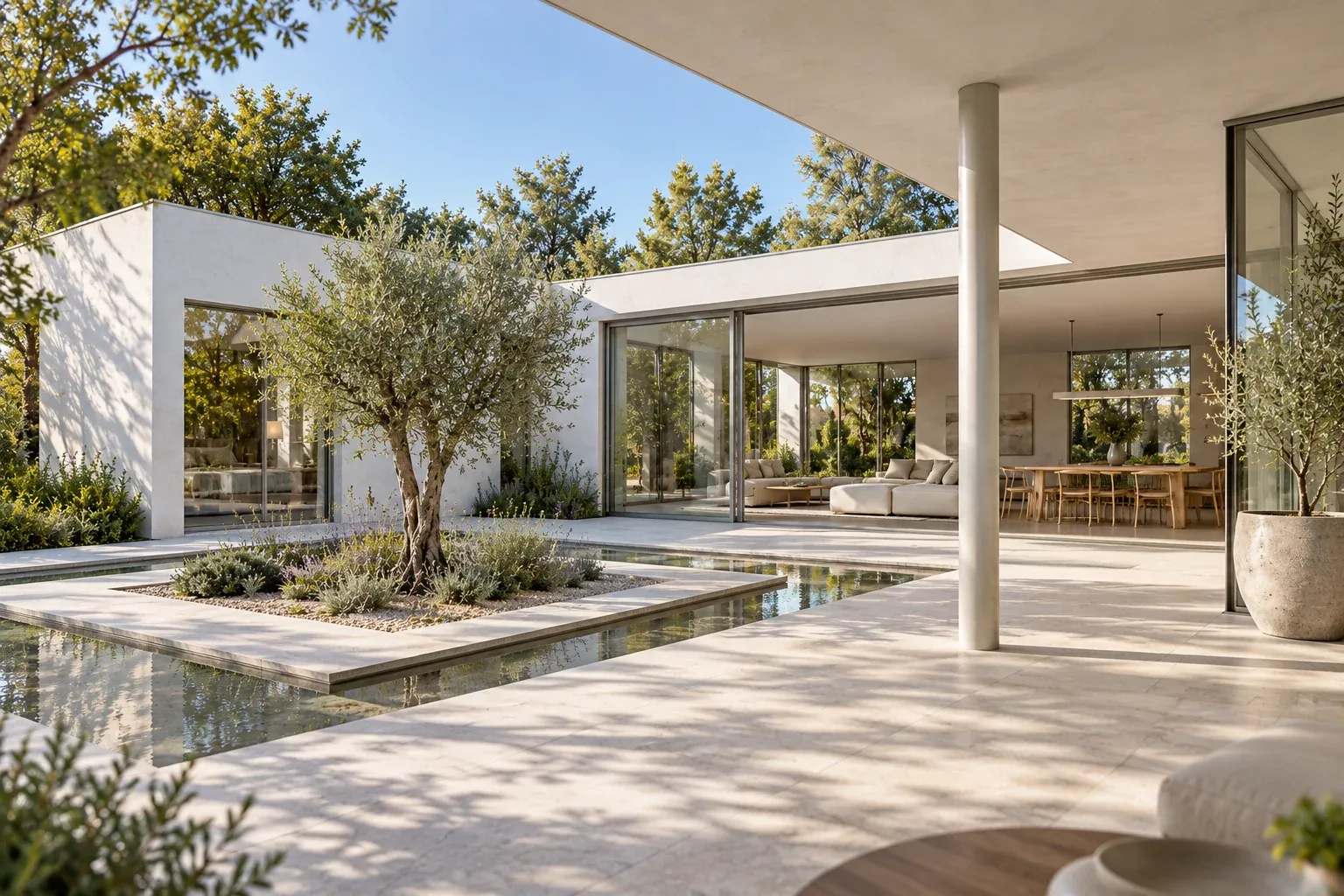 An oblique view across the planted courtyard towards the sheltered lounge and dining area.