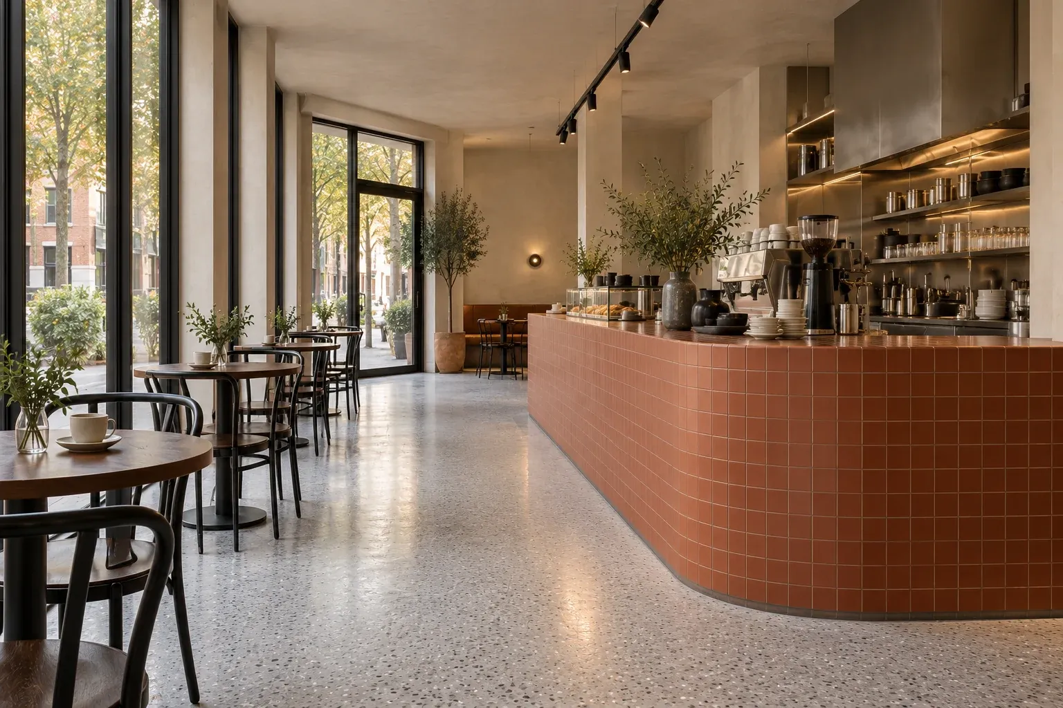 Guest route alongside the terracotta counter, with ordering and collection separated.