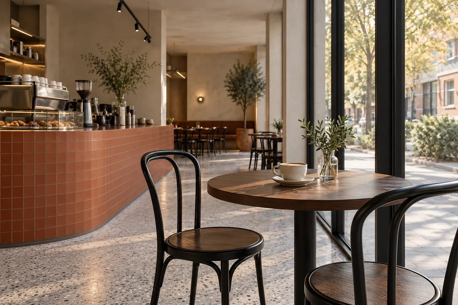 Small timber tables arranged beside the café windows.