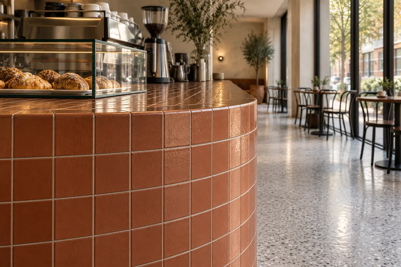 Curved terracotta tilework and a dark counter surface at the café service edge.