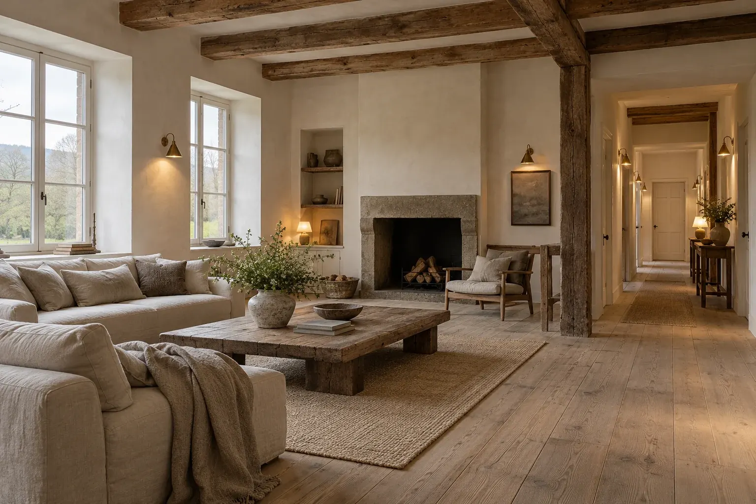 Shared guesthouse lounge with linen seating and weathered timber elements.