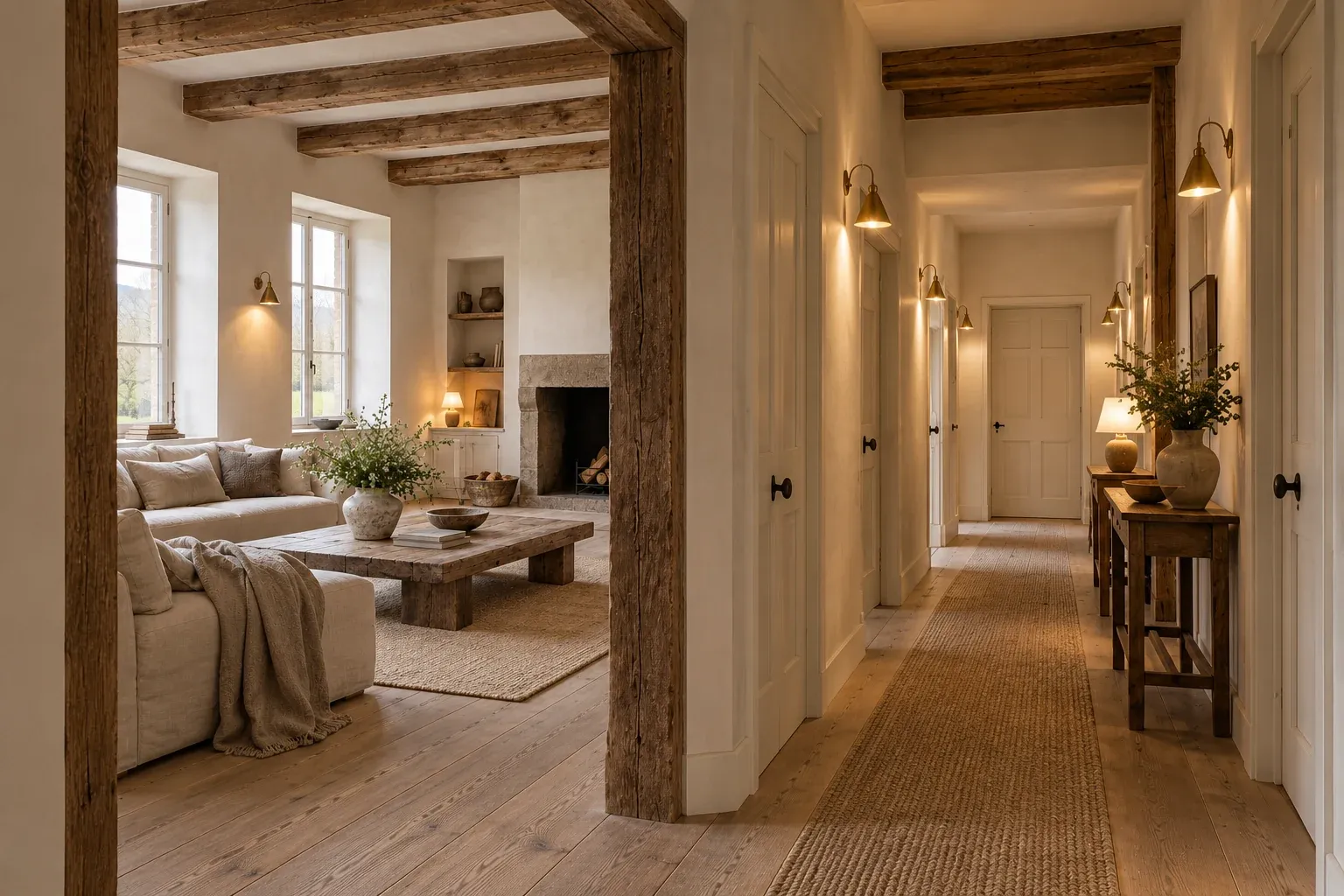 Clear circulation linking the shared lounge to quieter guest rooms.
