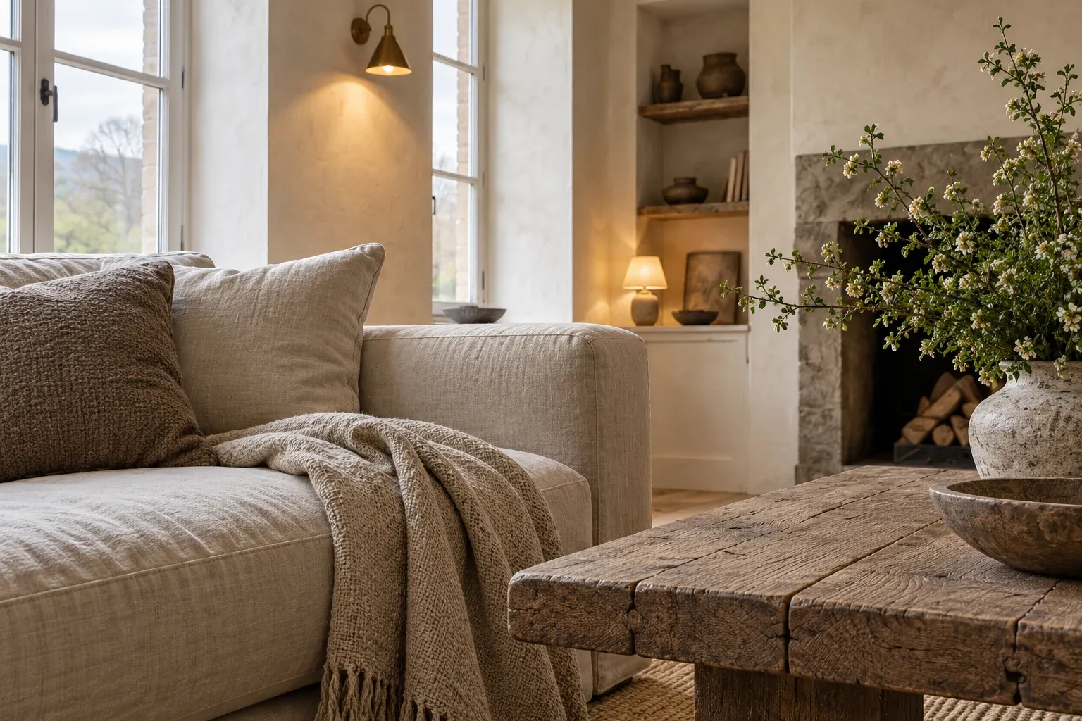 Close view of linen, reclaimed timber and warm plaster.