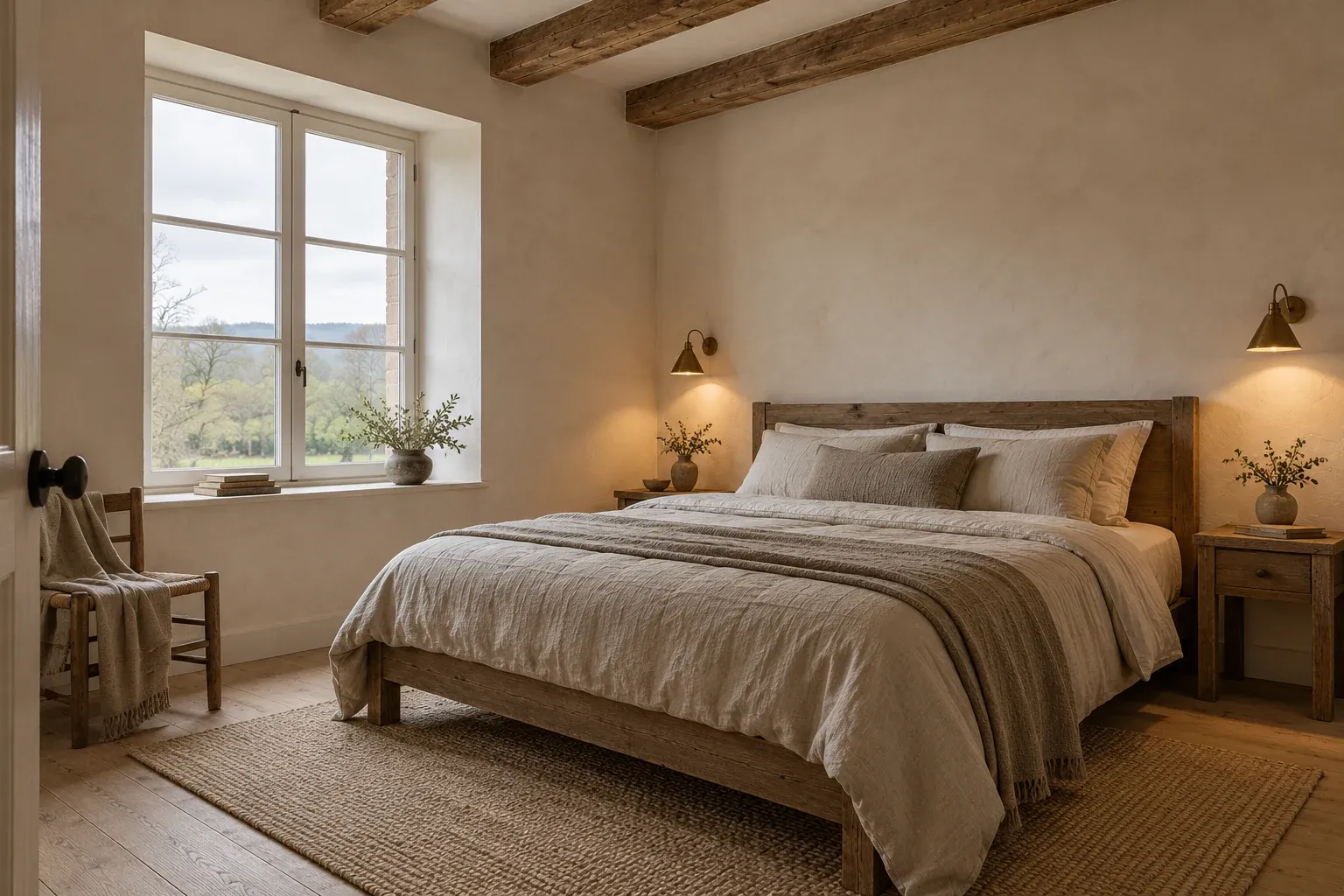 Guest room with linen tones, timber furniture and a warm reading light.