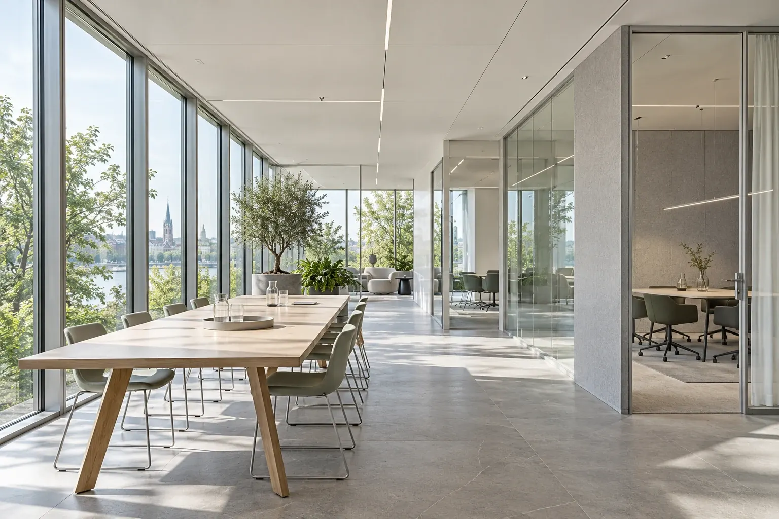 Daylight connects a pale oak communal table, glazed acoustic rooms and a quieter planted edge.