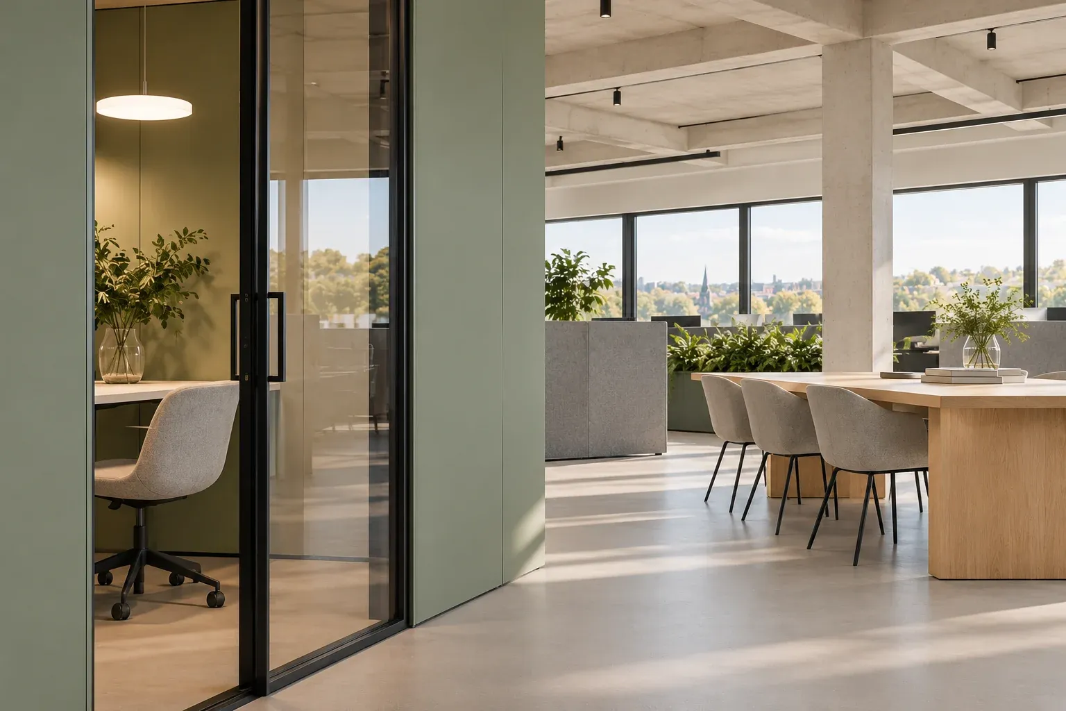 Glazed and acoustic partitions separating quieter rooms from the shared space.