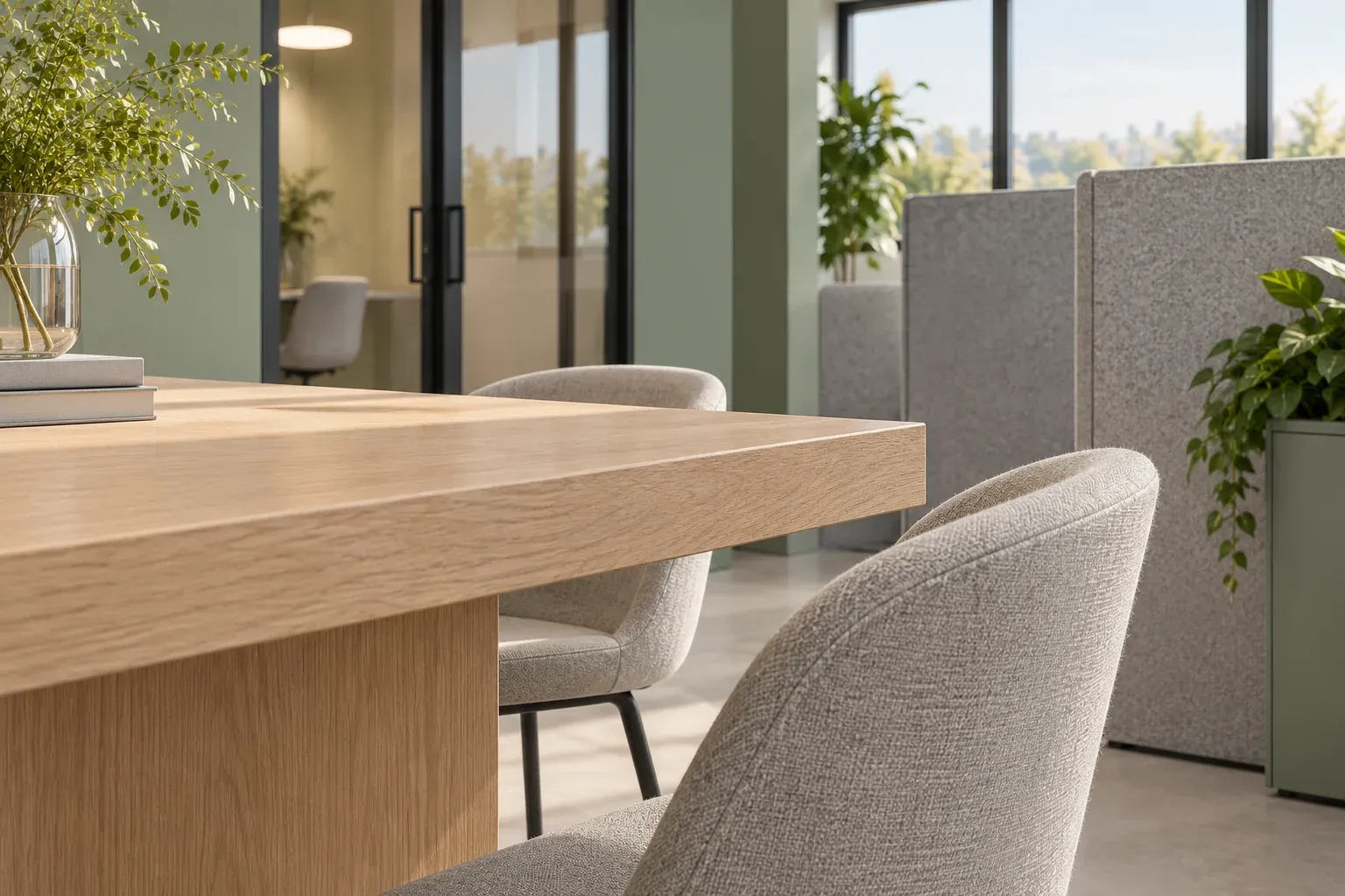 Close view of timber, textile and planting in the quiet office palette.