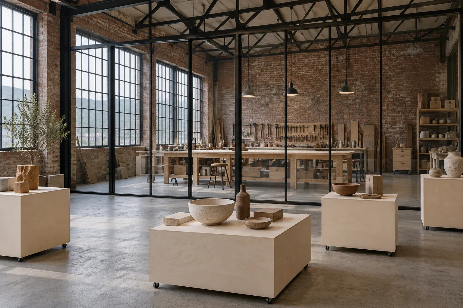 Loft overview with a visible workshop behind a dark-framed glazed partition.