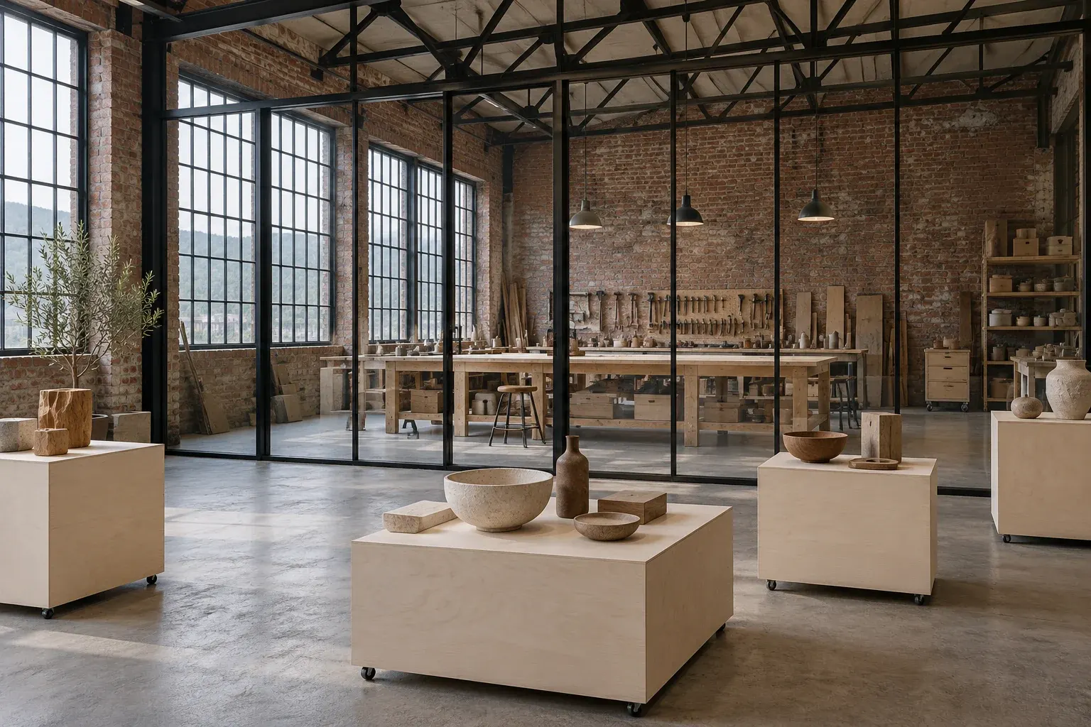 Loft overview with a visible workshop behind a dark-framed glazed partition.