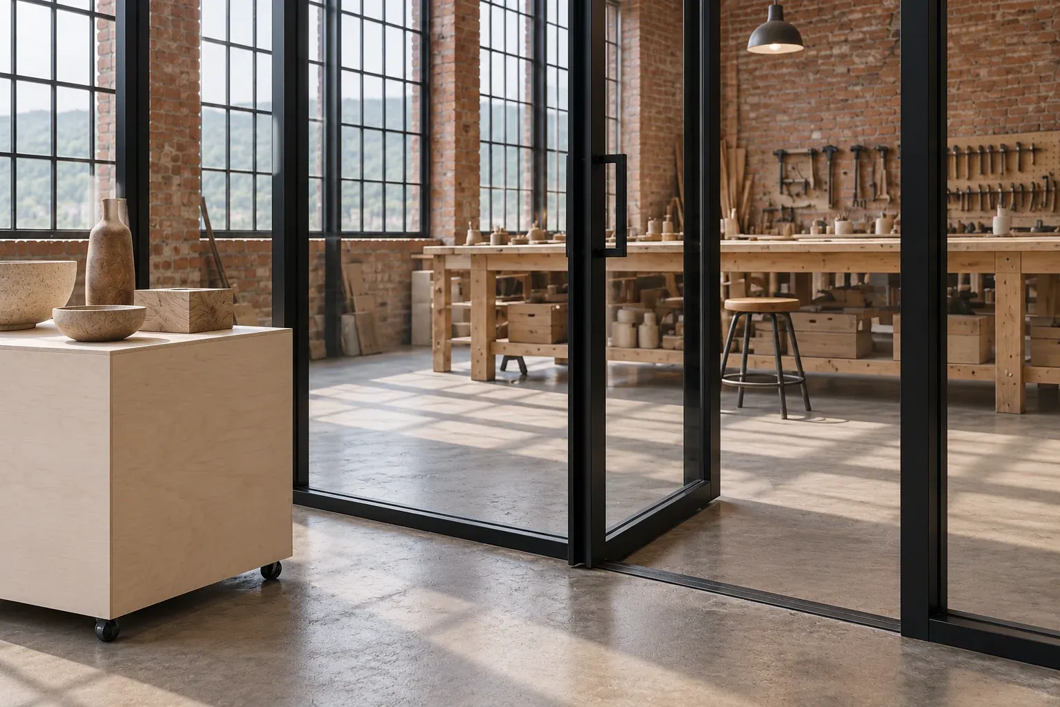 Glazed transition between the workshop and adaptable exhibition space.