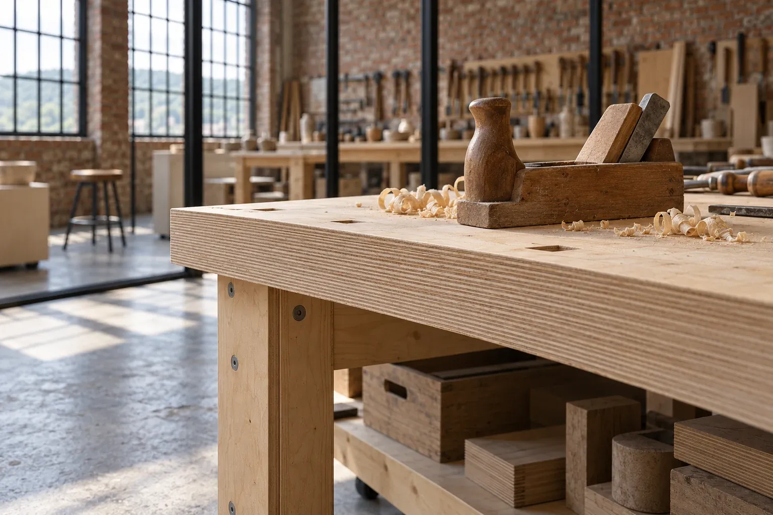 Layered timber work surface against the loft’s brick and mineral background.