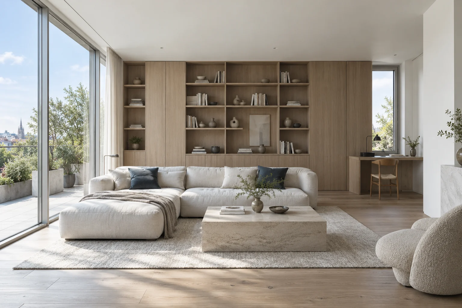 A light-filled apartment with an integrated oak library wall, a writing place and a comfortable linen sofa.