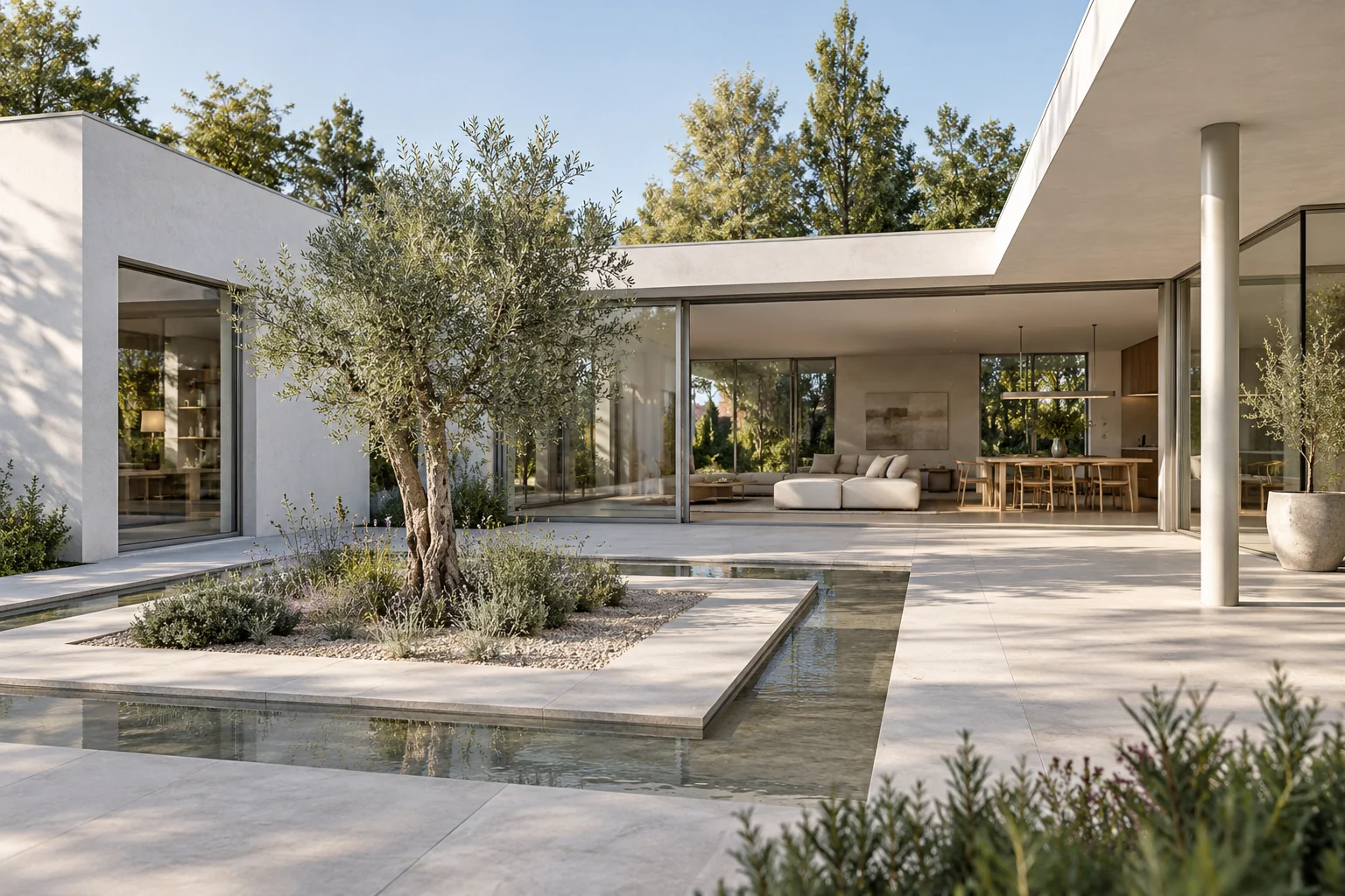 White mineral walls and slender glazing frame a planted courtyard, with the living space opening onto pale stone paving.