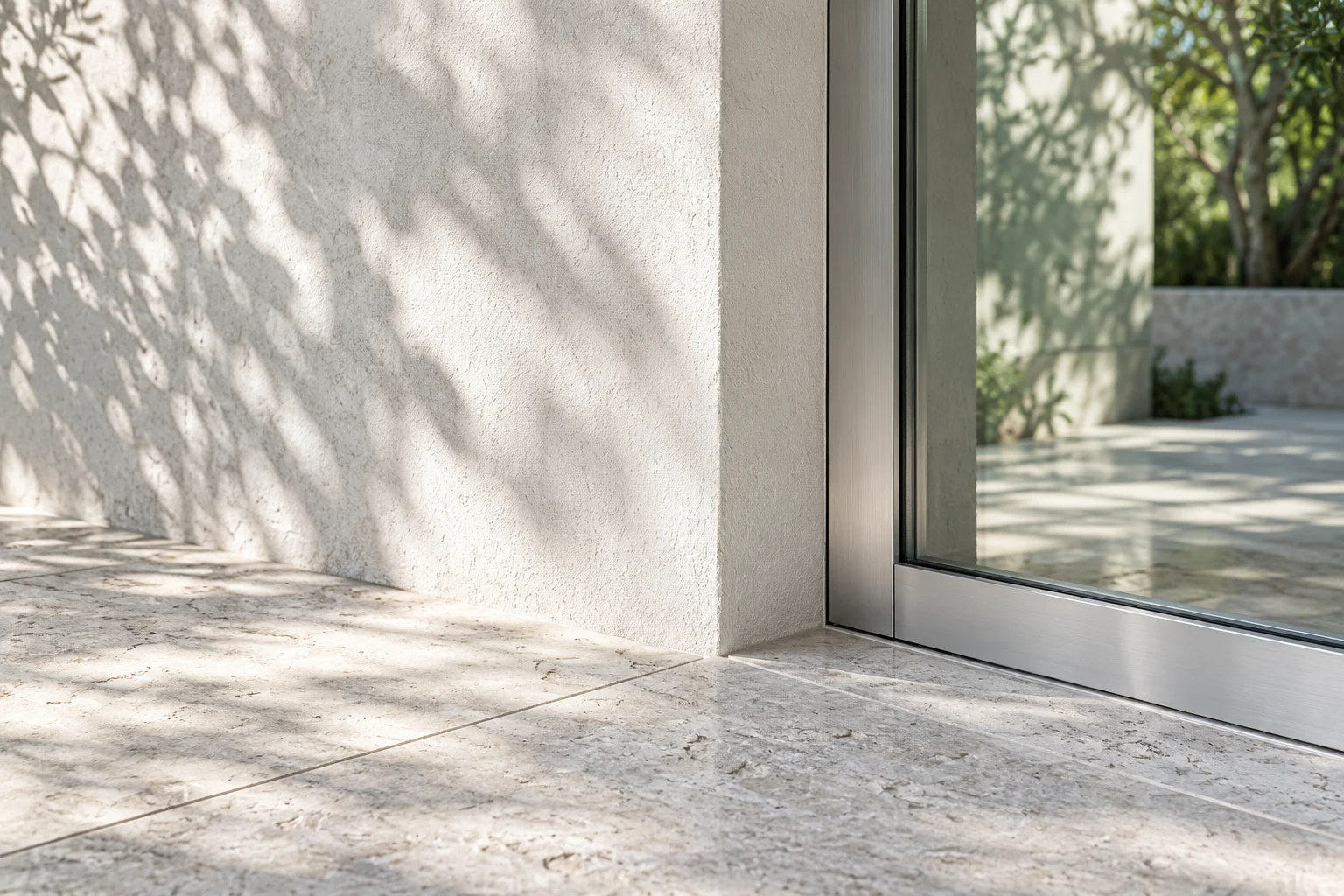 White plaster, pale stone and a brushed aluminium window frame in soft leaf shadows.