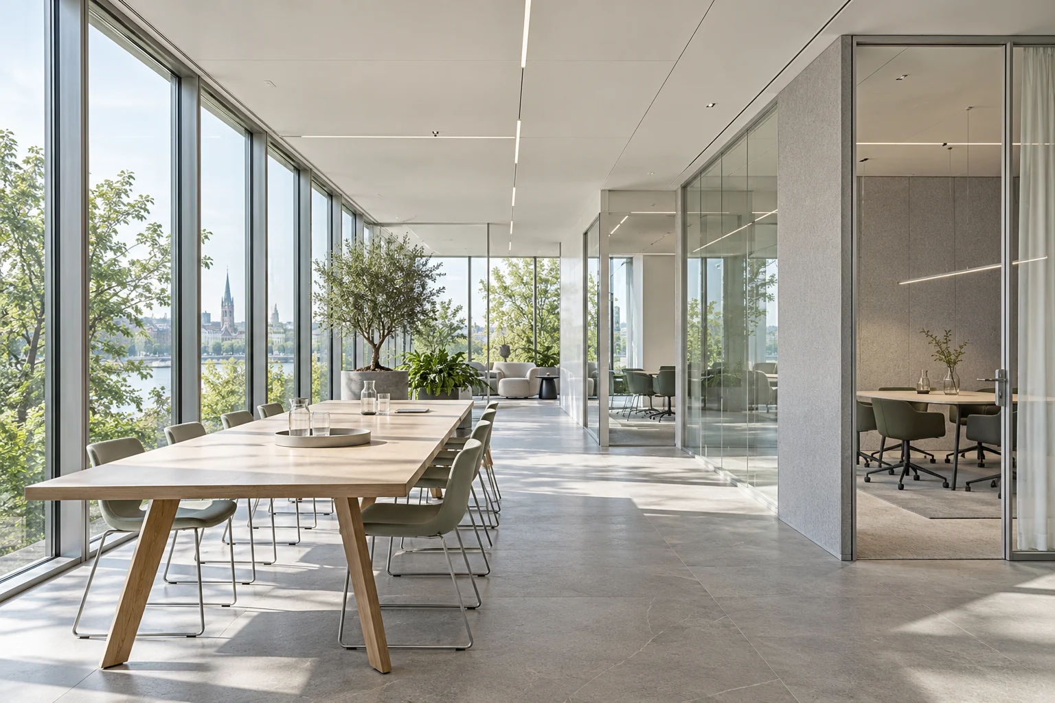 Daylight connects a pale oak communal table, glazed acoustic rooms and a quieter planted edge.
