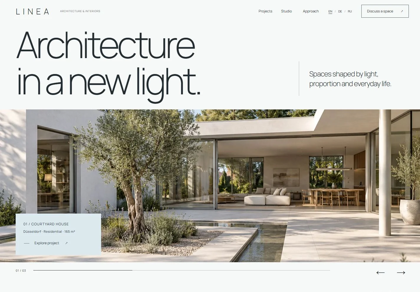 LINEA desktop homepage with a white courtyard house and light architectural typography
