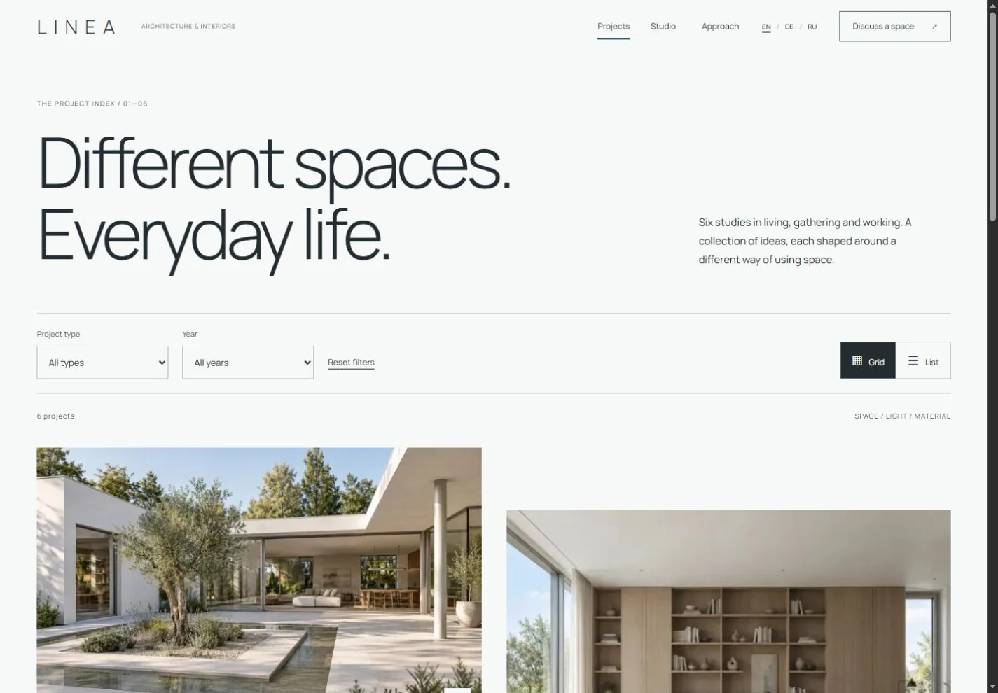 LINEA project catalog in grid view with type and year filters
