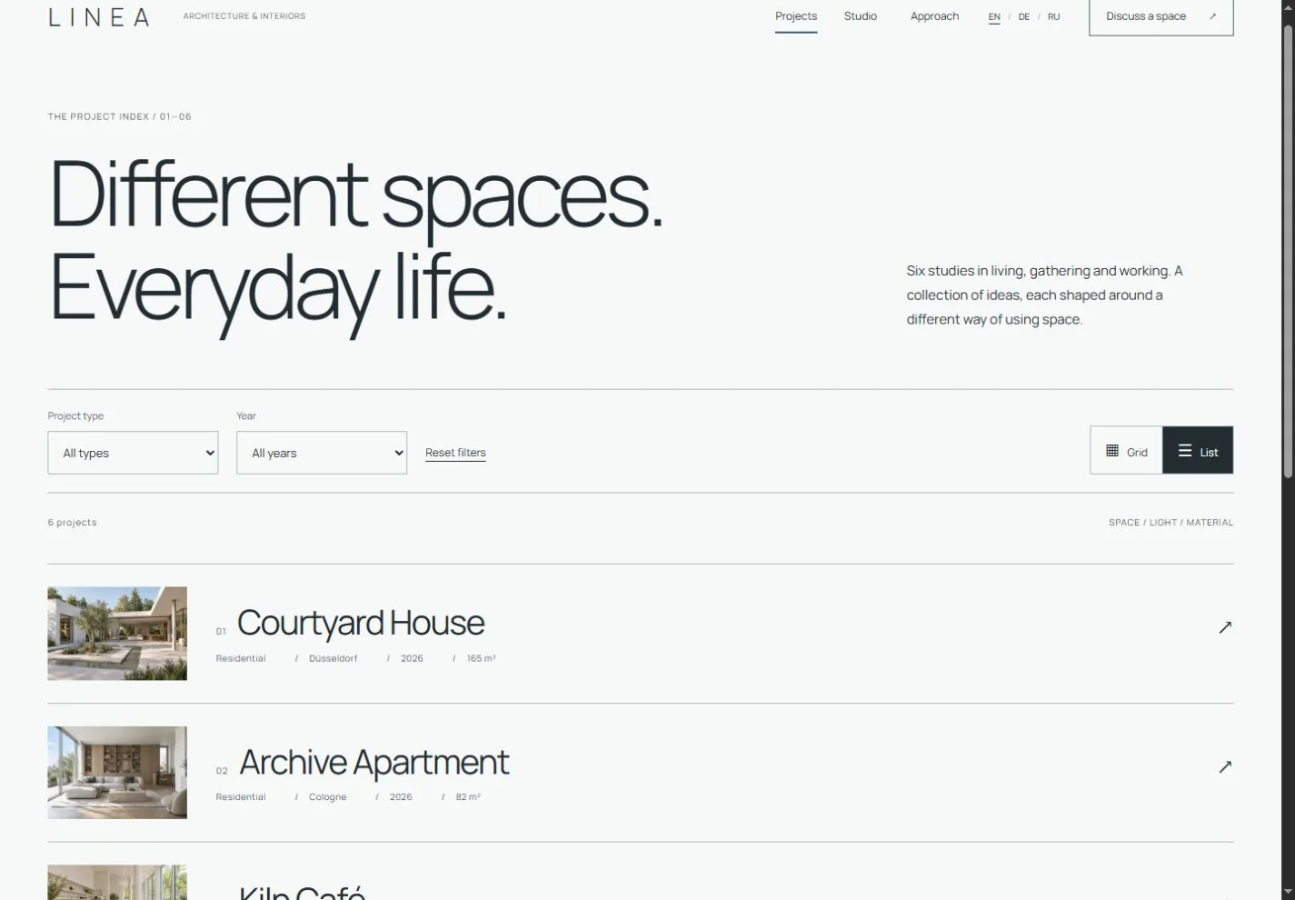 LINEA project catalog in list view
